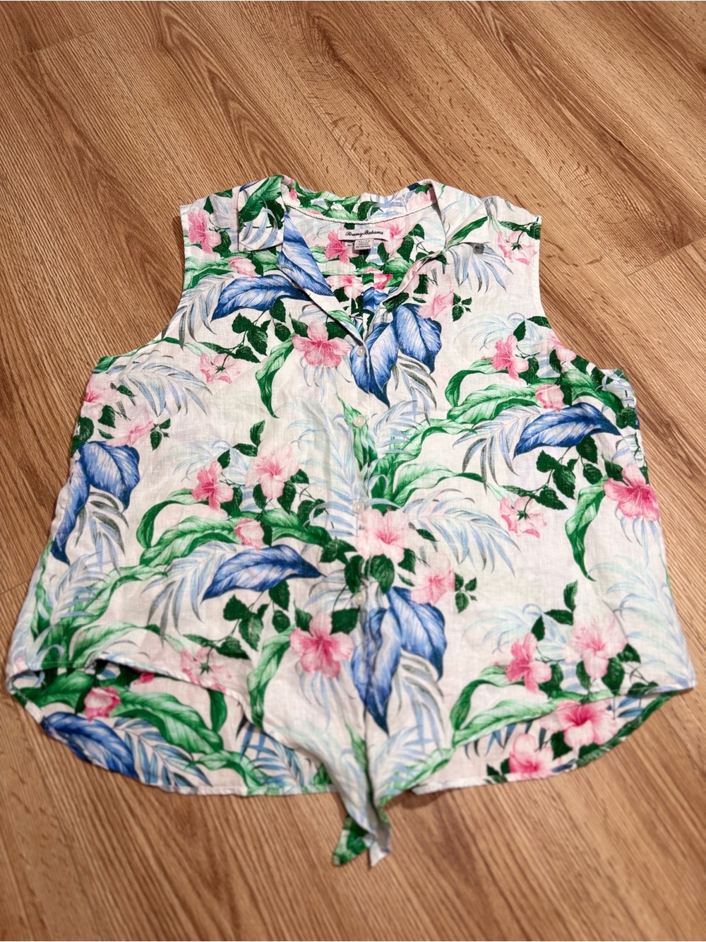 Tommy Bahama Tropical Floral Linen Sleeveless Tie Front Top XL Hawaiian Resort